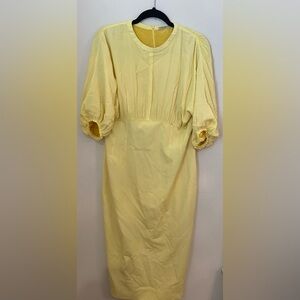 Emilia Wickstead Yellow Crew Neck Puff Sleeve Midi Dress (Silk Blend) UK16 US12